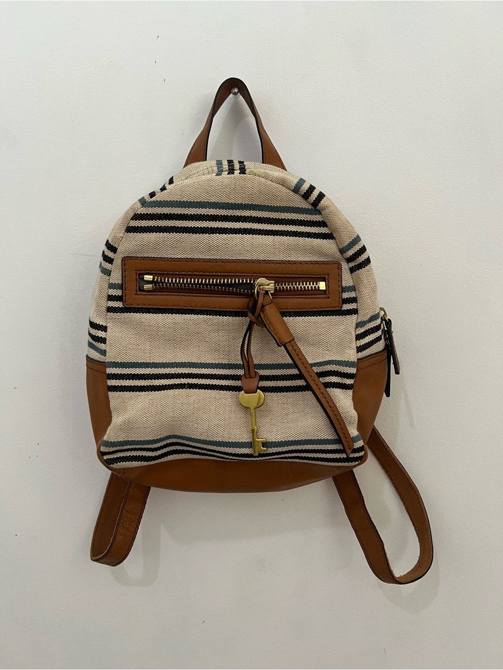 Fossil Striped Cream & Black Canvas Backpack with Tan Leather